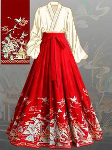 Sweetra 浪漫中国风印花褶皱长款宽松复古喇叭裙