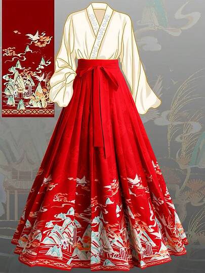 Sweetra 浪漫中国风印花褶皱长款宽松复古喇叭裙