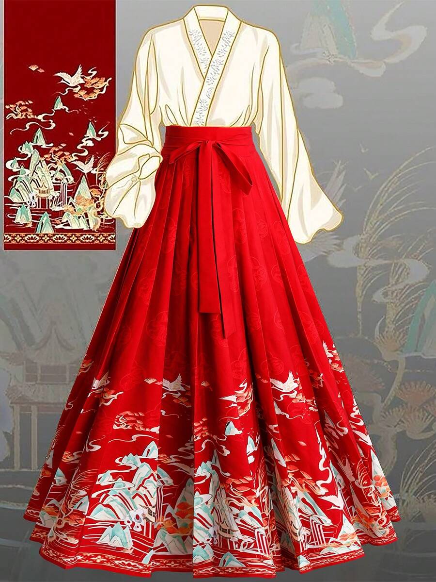 Sweetra 浪漫中国风印花褶皱长款宽松复古喇叭裙