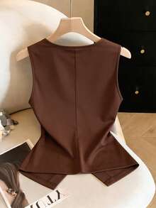 Resyla Áo vest thời trang mùa hè mới, kiểu dáng không tay cổ chữ U với khóa kim loại trang trí, phù hợp cho việc đi làm, đi chơi và tụ họp. - màu nâu - Xem 2