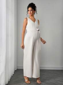 Momance Mono elegante sin mangas con cuello en V y lazo decorativo para mujeres embarazadas de unicolor - Albaricoque - Ver 4