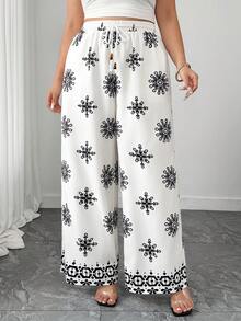 Elenzga Elegant & Fashionable Random Print Plus Size Women Pants Black And White Pants Boho Pants Print Pants Palazzo Pants Women Summer Pants - Black and White - View 3