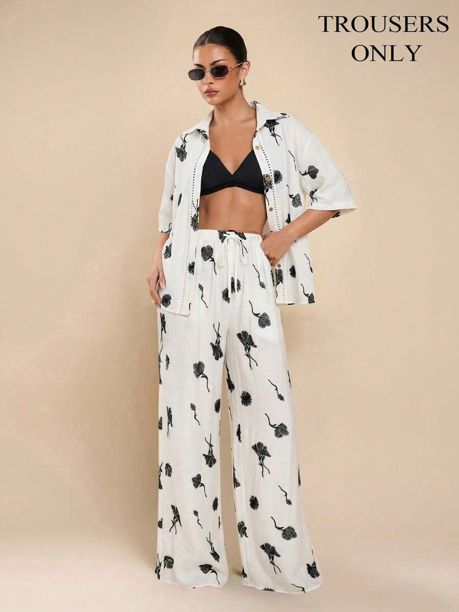 COSMINA Quần ống rộng dáng suông, thắt dây eo, họa tiết hoa dành cho nữ. - trắng - Xem 1