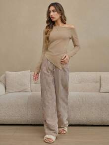 SHEIN 女士纯色不对称肩长袖上衣和条纹裤睡衣套装 - 杏色 - 查看 3