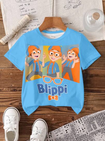 Blippi X SHEIN Camiseta de manga corta con cuello redondo y gráfico de retrato de niño de dibujos animados, para verano
