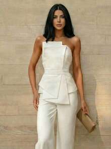 Firerie 女士优雅、精致、简约、端庄、浪漫、时尚、通勤友好、现代、喜庆、婚礼宾客、情人节、约会之夜不对称无肩带高腰白色连体裤 - 白色 - 查看 9