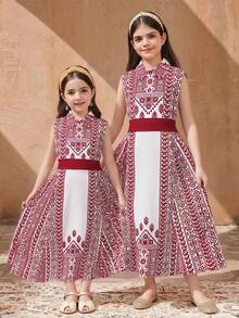 Tween Girl Casual Vacation Spring/Summer Print Contrast Color Belt Patchwork A-Line Sleeveless Dress, Red - Red - View 7