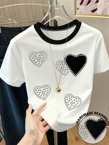 Resyla Women's Heart Shaped Beaded Contrast Color Round Neck T-Shirt - White - View 5