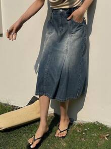 DAZY Women's Regular Waist Pleated Skirt, Casual & Youthful Denim A-Line Skirt - Medium Wash - View 2