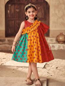 SHEIN Young Girl Floral Print Asymmetrical Ruffle Dress, Red Summer Matching Family Vacation Holiday Islamic Gift, Young Girls Casual Modest Jalabiya - Red - View 2