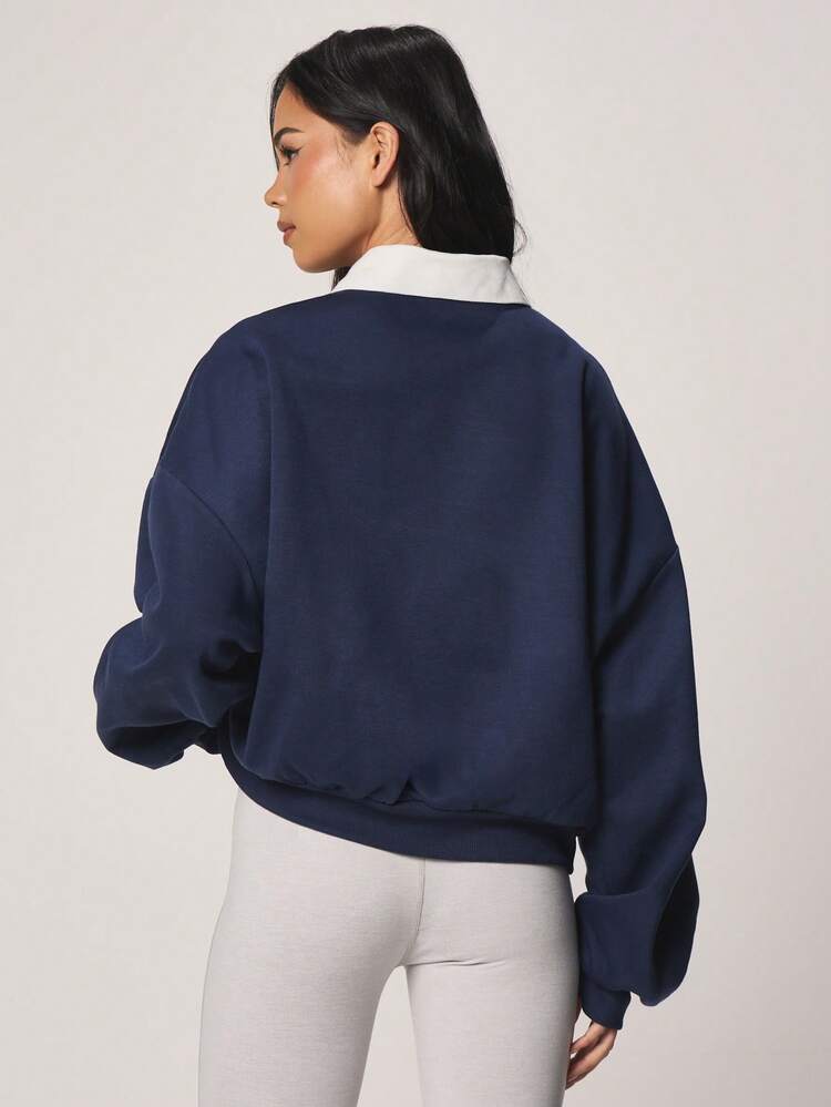 MISSGUIDED Oversized Navy Collared Sweatshirt With White Collar And Button Details Long Sleeve Casual Streetwear Fall Winter