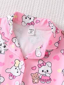 Young Girl' Pink Heart Rabbit Cartoon Print Short Sleeve Pajama Set, Flame Retardant - Pink - View 7