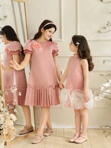 SHEIN Tween Girl Fashion 3D Floral Design Pleated Hem Dress - Pink - View 1