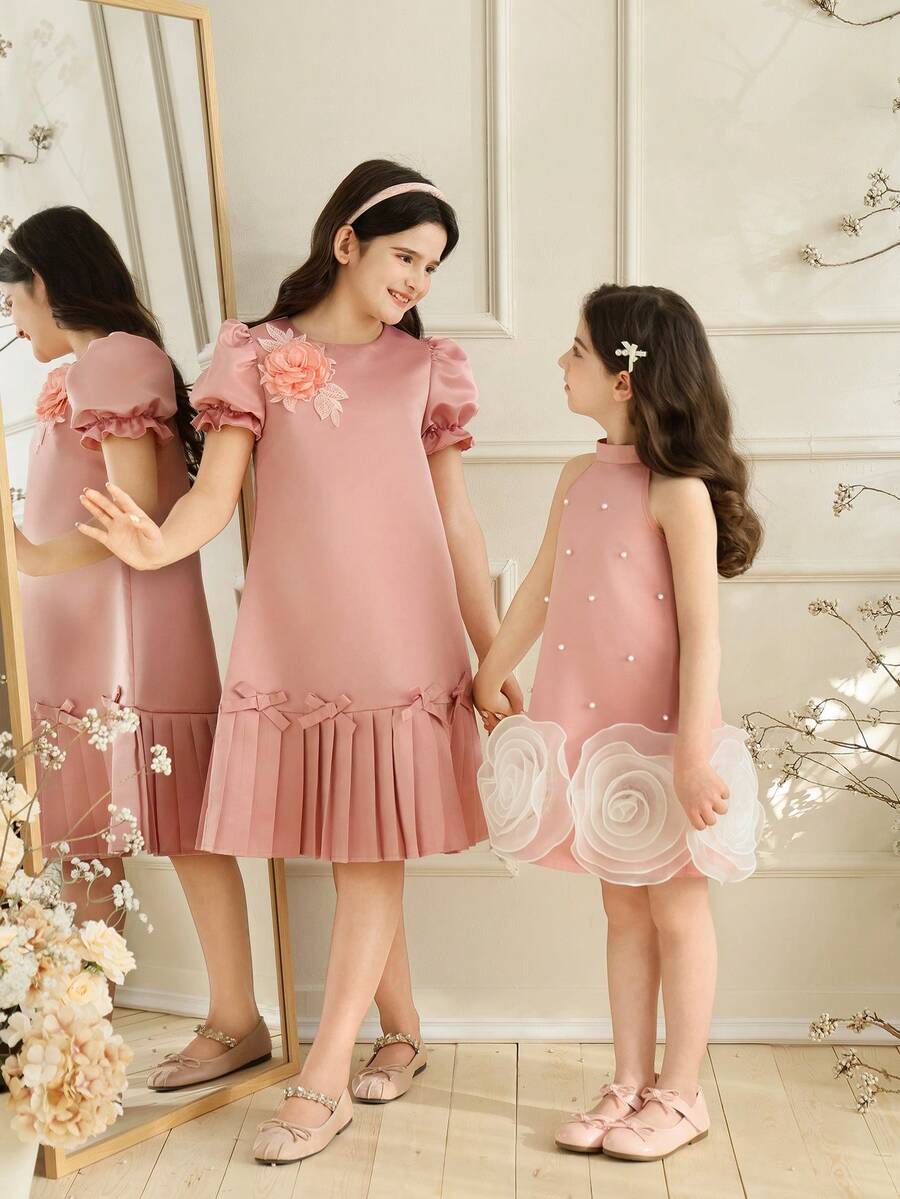 SHEIN Tween Girl Fashion 3D Floral Design Pleated Hem Dress - Pink - View 1