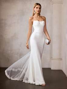 MOTF Soiréza VESTIDO DE NOCHE ELEGANTE PARA MUJER TIPO SIRENA SIN TIRANTES Y AJUSTADO CON DETALLES DE APLICACIONES FLORALES EN EL PECHO/CINTURA, BAJO DE TUL TRANSLÚCIDO CON ACENTOS FLORALES - IDEAL PARA BODAS, CENAS DE GALA, CELEBRACIONES Y RECEPCIONES FORMALES - Blanco - Ver 5