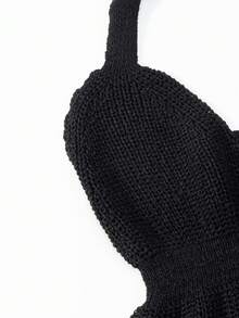 Glimmora Fashionable Sexy Deep V-Neck Backless Halter Knit Top - Black - View 6