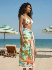 SHEIN x Eduarda Gutierrez CAJUNI Tropical Vacation Vacation Scenery Cover Up - Multicolor - View 4