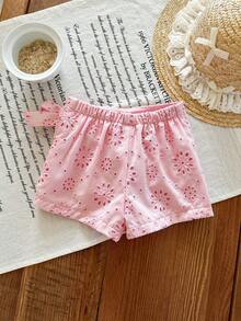 SHEIN LMoss Kids Babygirl Cute Summer Versatile Pink Floral Embroidery Elastic Waist Shorts - Pink - View 2