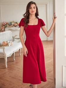 Poéselle Square Neck Butterfly Sleeve Button Front Dress - Burgundy - View 6