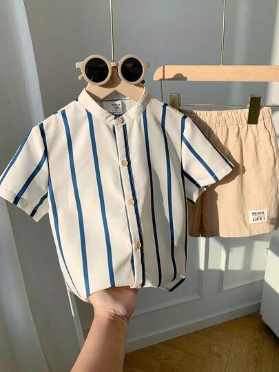 SHEIN 2pcs Young Boy Colorful Striped Polo Collar Short Sleeve Cardigan And Elastic Waist Shorts Set Boys Summer Clothes Sets Boy Shirt Set Boy Casual Sets Boy Stripe Outfit Korean Boy Clothes Toddler Boy Clothes