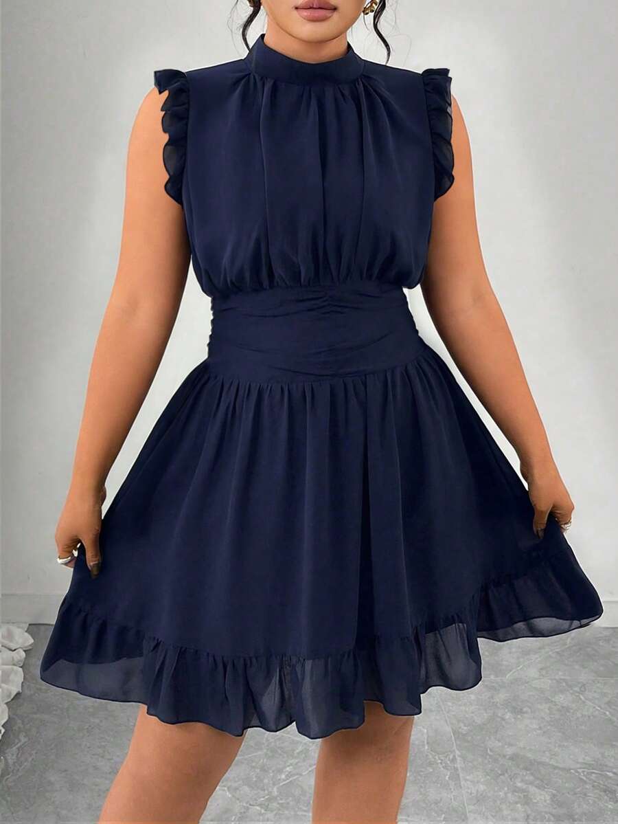 Velvienne Vestido de talla grande con cintura ajustada, sin mangas, con volantes y estampado de helado - Azul Marino - Ver 1