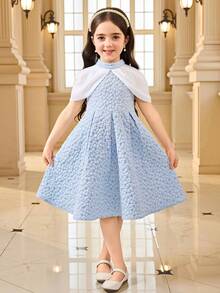 SHEIN Đầm chữ A trễ vai cổ đứng, phối màu thời trang thanh lịch dành cho bé gái, thích hợp cho kỳ nghỉ gia đình, tiệc tùng, dễ thương và sành điệu, phù hợp cho công chúa, tiệc sinh nhật và các dịp khác. - Màu xanh lam - Xem 4