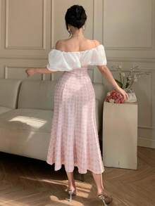 DAZY Women's Sexy & Elegant Off-Shoulder Contrast Ruffle Houndstooth Jacquard Mermaid Hem Fitted Dress - Pink - View 4