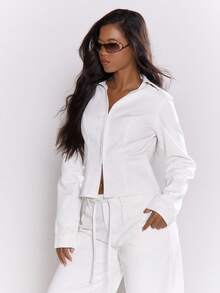 MUSERA Fitted Hook Eye Detail Cinched Seams Long Sleeve Denim Jacket Streetwear Cute Classy Casual Sexy Going Out Fall Autumn Toffee Chic Spring Summer - White - View 2