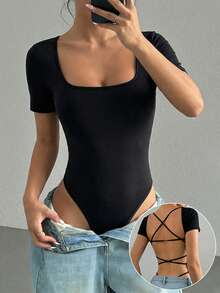 INAWLY Sexy Solid Color Backless Romper, Summer - Black - View 3