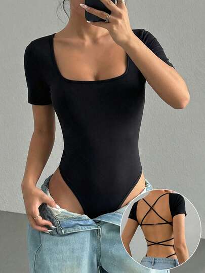 INAWLY Sexy Solid Color Backless Romper, Summer