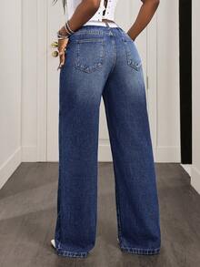 Slaydiva Women's High Waist Pockets Wide Leg Loose Casual Jeans - Blue - View 2