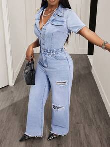 Slaydiva Women's Casual Everyday Commute Fashion Ripped Waist Denim Jumpsuit, Spring/Summer/Autumn - Blue - View 1