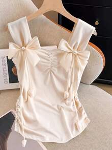 GlowEve Bow Tie Camisole Pleated Camisole, Soft Romantic Style For Dates And Commuting, Layering Or Outerwear - Apricot - View 3