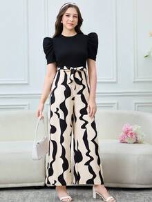 SHEIN 优雅休闲度假风黑色纯色拼接几何印花短袖阔腿连体裤，适合青少年女孩 - 彩色 - 查看 4