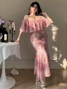 DAZY Women's Elegant Floral Off Shoulder Fishtail Dress, Summer Wedding Guest Dress Maxi Dress Sundress - Pink - View 9