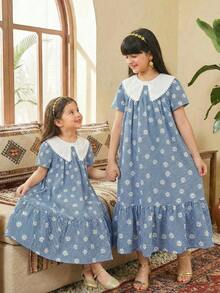 SHEIN رمضان	Everyday Casual Blue Smock Dress For Tween Girls With Contrast Lace Peter Pan Collar And Daisy Print Flounce Hem - Blue - View 2