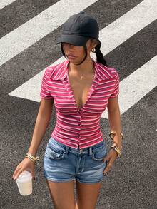 StreetHx Women's Polo Collar Red Striped Print Button Front Short Sleeve T-Shirt - Red and White - View 1