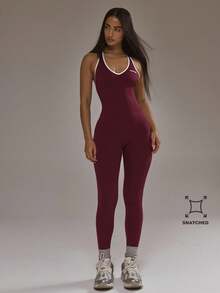 Musera Sport Contrast Trim Plunge Fitted Jumpsuit Padel Autumn Fall Winter Activewear Sport Gym Workout - Burgundy - View 1