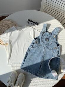 2pcs/Set Young BoyFitted Denim Bib Shorts And White T-Shirt - Blue - View 4