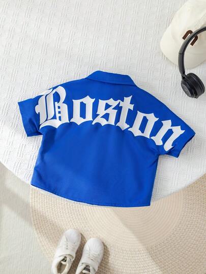 SHEIN Baby Boy Casual Fashionable Slogan Graphic Blue Short Sleeve Shirt Top, Spring/Summer