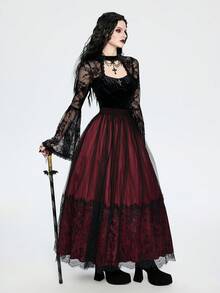 Breakform Women's Gothic Sexy Elegant Round Neck Hollow Metal Cross Decor Velvet Contrast Lace Flare Sleeve Crop Top