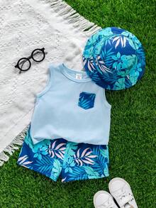 SHEIN 3件套男女宝宝休闲度假可爱热带植物印花无袖针织上衣、短裤和遮阳帽套装，春夏宝宝服装 - 藍色 - 查看 3