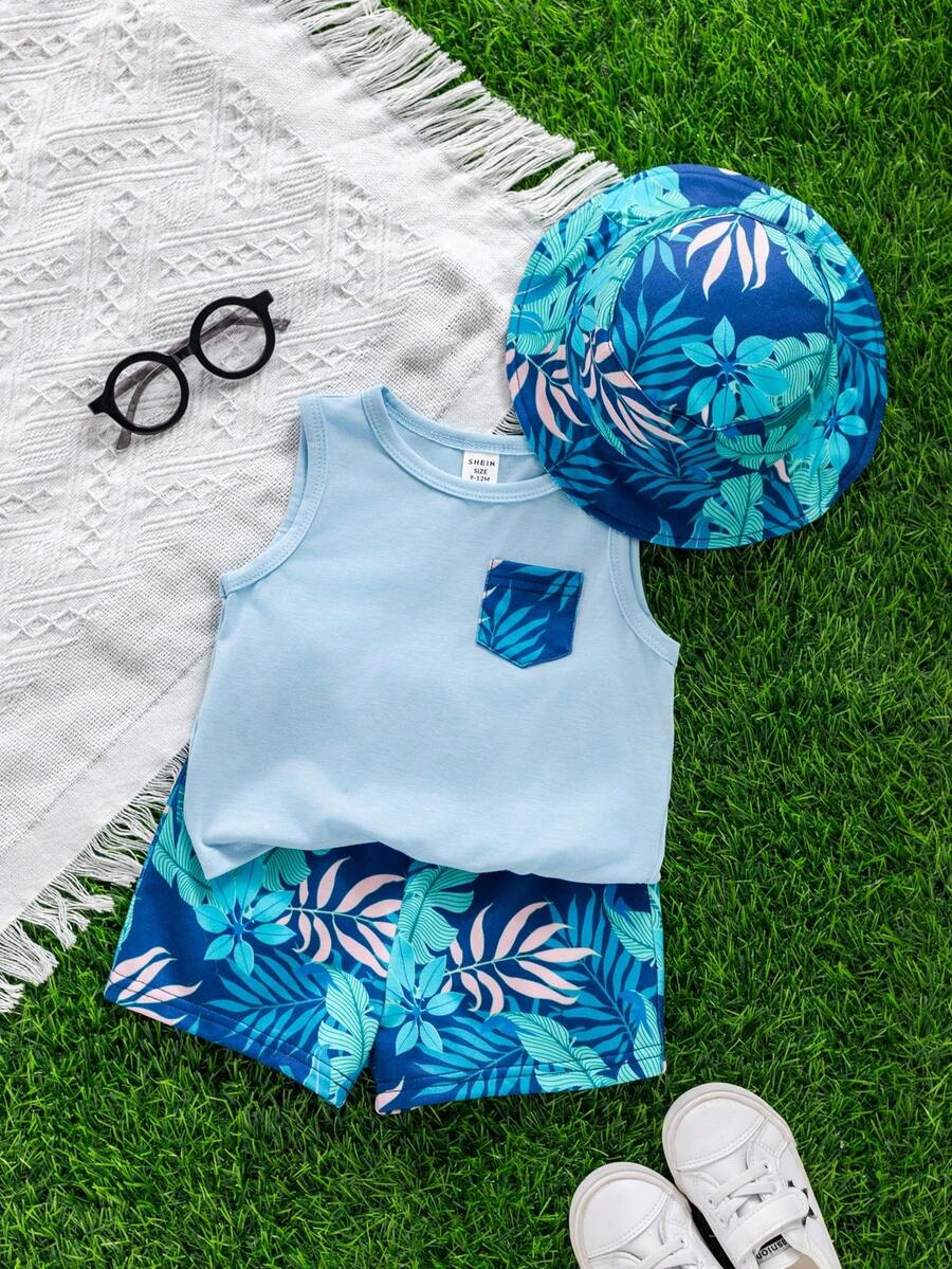 SHEIN 3件套男女宝宝休闲度假可爱热带植物印花无袖针织上衣、短裤和遮阳帽套装，春夏宝宝服装 - 藍色 - 查看 1