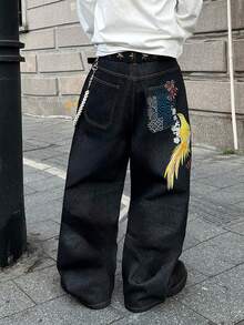 STEELVANCE 街头风树叶、花朵和鹦鹉数码印花直筒宽松休闲牛仔裤，适合日常穿着 - 黑色 - 查看 3