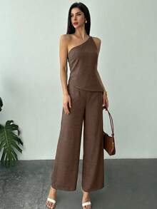 Firerie Spring/Summer New Elegant Apricot Linen Asymmetric Hem Ruched Waist Backless Camisole & High Waist Long Pants 2 Pieces Linen Suit - Camel - View 7