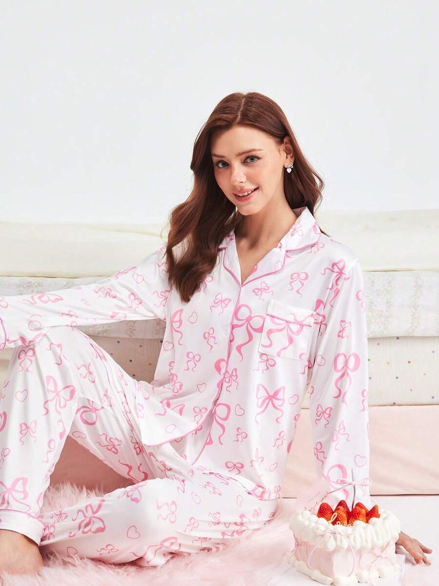 Bonmuse 2pcs Casual Elegant Ribbon Bow Print Loungewear Pajama Set For Women, Includes Long Sleeve Lapel Top And Relaxed Elastic Waist Pants, Suitable For Sleepwear And Homewear, All Season, Winter Clothes - White - View 1