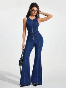 Jeanoix Women's Backless Zipper Design Fitted Denim Flare Jumpsuit, Suitable For Daily Wear - Dark Wash - View 3