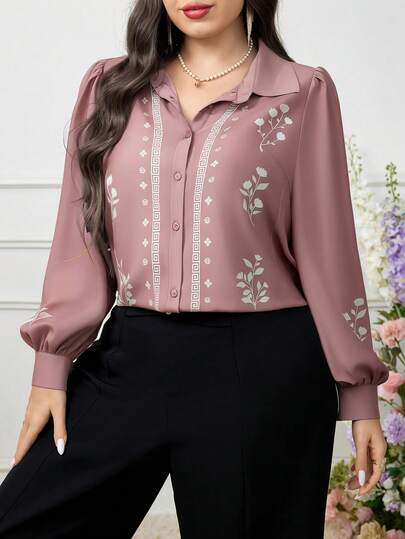 Modelyn Plus Size Women Elegant Floral Print Front Button Long Sleeve Arabic Style Top, Autumn