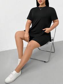 Shapeblank 大码女装春夏时尚休闲宽松高弹舒适日常百搭黑色短袖T恤和紧身短裤两件套，夏季服装，街头风，机场穿搭，简约风格 - 黑色 - 查看 6