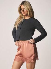 MISSGUIDED Women Satin Lace Trim Shorts High Waisted Elastic Band Drawstring Summer Lounge Sleepwear Pajama Bottoms - Orange - View 4